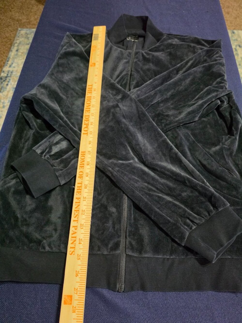 Black Velvet Full-Zip Jacket L With Ribbed Cuffs & Hem - Picture 4 of 14